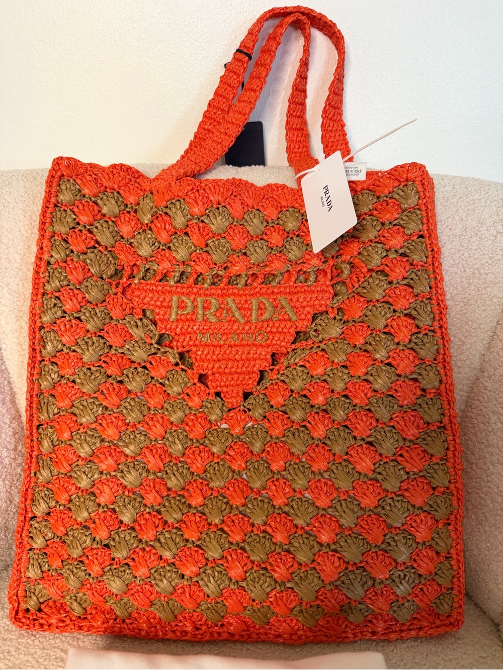 Prada Large Raffia Crochet Tote Bag Orange Brown Shopping Bag NWT - Picture 5 of 14
